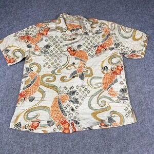 Tommy Bahama Silk Koi Fish Camp Shirt Mens Large Short Sleeve Cream Orange